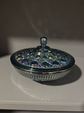 Iridescent Glass Lidded Candy Dish - Blue-Green